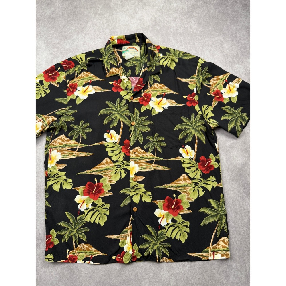 VTG 90s Paradise Found Hawaiian Shirt Mens L Black Tropical Hibiscus Palm Rayon